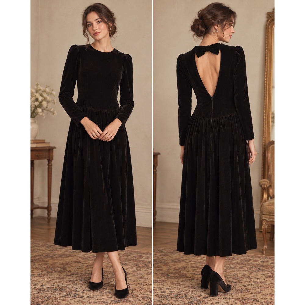 VTG Ann Taylor Velvet Midi Dress sz 8 plum Bow Romantic whimsigoth 80s 90s